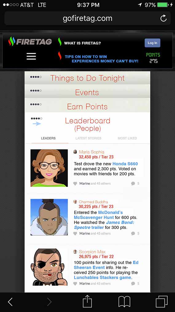 Firetag activity page