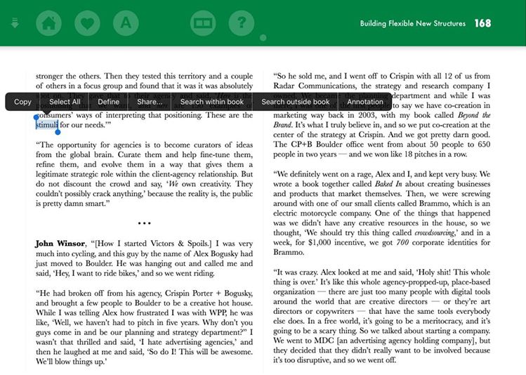 Book chapter showing features after touching and holding on a word or phrase